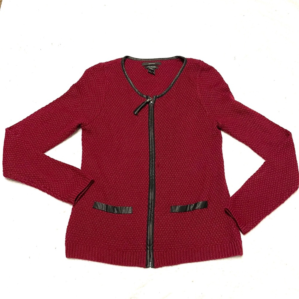 Tahari L Sweater Cardigan Womens Merino Wool Red Burgundy Full Zip Tassel Pocket